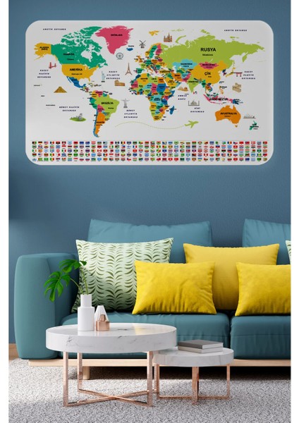 Türkçe Ülke Bayraklı Eğitici Başkent Detaylı Atlası Dünya Haritası Duvar Sticker