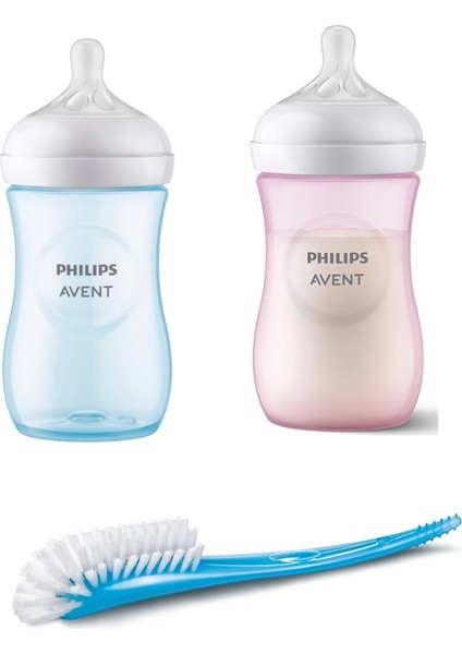 Natural Response Doğal Tepkili Biberon 260ML Mavi 1+ AY+260ML Pembe 1+ Ay + Biberon ve Emzik Fırçası