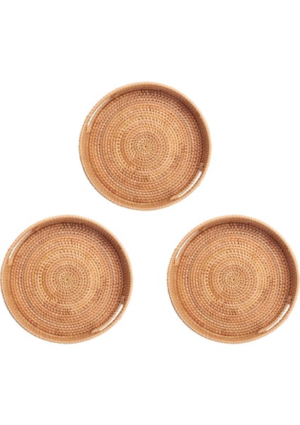 3x Yuvarlak Rattan Dokuma Servis Tepsisi Kulplu Osmanlı Tepsisi Kahvaltı, Içecek, Aperatif Sehpa Dekoratif (Yurt Dışından)