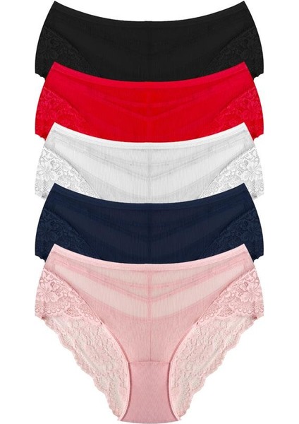 Transparan Tüllü Dantel ve Taş Detaylı Büyük Beden Kadın Bikini Külot 5'li Paket