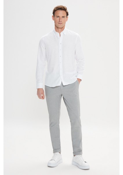 Erkek Beyaz Slim Fit Dar Kesim Gizli Düğmeli Yaka Keten Görünümlü %100 Pamuk Flamlı Gömlek fiyatları
