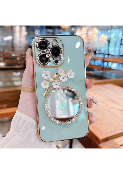 iPhone15 Pro Vaka Şok Geçirmez Cam Ayna Nane Yeşil Telefon Kılıfı (Yurt Dışından)