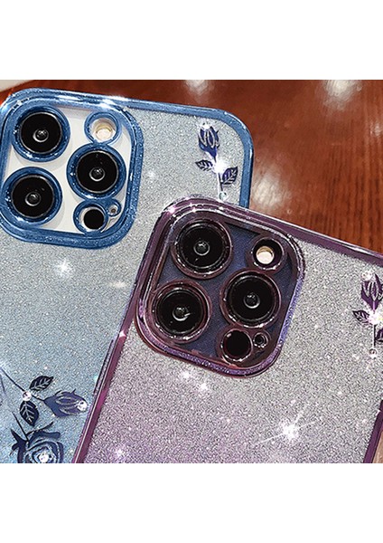 Iphone 15 Pro Shockproof Parıltı Parıltısı Rhinestone Çiçek Gradyan Kapağı Tpu Telefon Vaka Mavisi Telefon Kılıfı (Yurt Dışından)