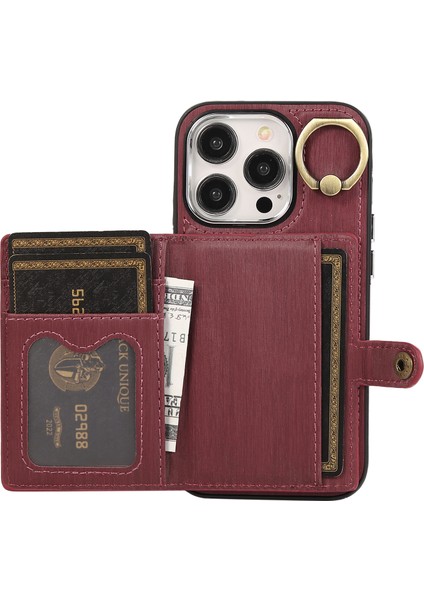 Iphone 15 Pro Kasa Fırçalanmış Pu Deri+Tpu Ring Kickstand Wine Red ile Telefon Kılıfı (Yurt Dışından) modelleri