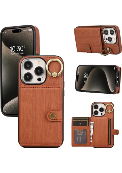 Iphone 15 Pro Kasa Fırçalanmış Pu Deri+Tpu Ring Kickstand Brown Telefon Kılıfı (Yurt Dışından)