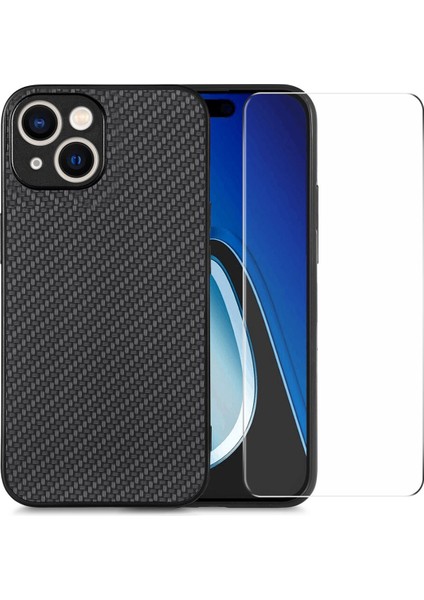 Iphone 15 Plus Telefon Kasası Karbon Fiber Deri+Pc Kapağı Yüksek Alüminyum Silicon Cam Film Black Telefon Kılıfı (Yurt Dışından)