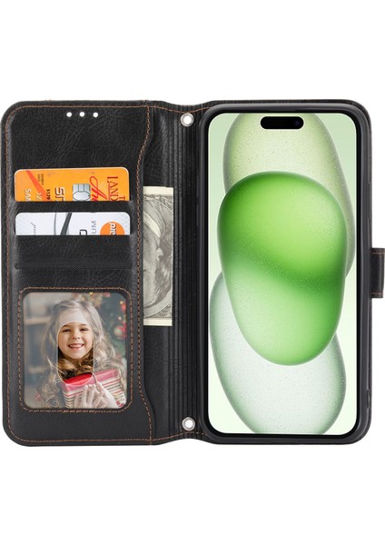 Iphone 15 Plus Deri Için Uzun ve Kısa Kayış Black ile Zipper Cep Telefonu Stand Kapağı Telefon Kılıfı (Yurt Dışından)