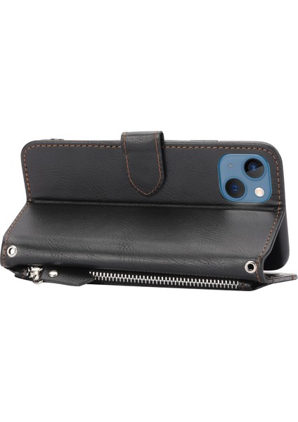 Iphone 15 Plus Deri Için Uzun ve Kısa Kayış Black ile Zipper Cep Telefonu Stand Kapağı Telefon Kılıfı (Yurt Dışından)