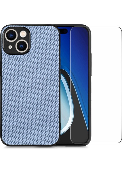 Iphone 15 Plus Telefon Kasası Karbon Fiber Deri+Pc Kapağı Yüksek Alüminyum Silikon Cam Film Mavi Telefon Kılıfı (Yurt Dışından)