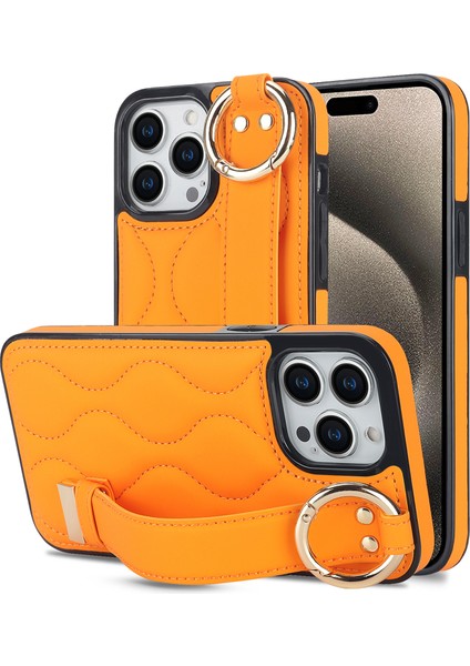 Iphone 15 Pro Kickstand Case Wave Desen Anti Çizgi Pu+Tpu Telefon Orange Telefon Kılıfı (Yurt Dışından)