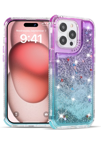 Iphone 15 Pro Vasası Için Gradyan Için Quicksans ve Sıvı Akan Işıltı Tpu+Pc Arka Mor+Açık Mavi Telefon Kılıfı (Yurt Dışından)