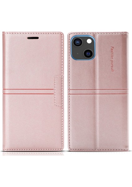 Iphone 15 Plus Pu Deri Deri Cezetle Telefon Manyetik Kapanma Stand Gold Telefon Kılıfı (Yurt Dışından)