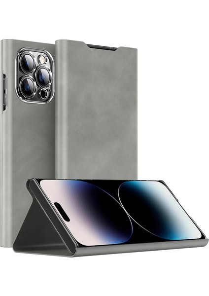 Iphone 15 Pro Max Kart Sahibi Için Telefon Kasası Nappa Doku Pu Deri+Pc Stand Telefon Grey Telefon Kılıfı (Yurt Dışından)