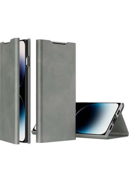 Iphone 15 Pro Max Kart Sahibi Için Telefon Kasası Nappa Doku Pu Deri+Pc Stand Telefon Grey Telefon Kılıfı (Yurt Dışından)