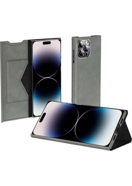 Iphone 15 Pro Max Kart Sahibi Için Telefon Kasası Nappa Doku Pu Deri+Pc Stand Telefon Grey Telefon Kılıfı (Yurt Dışından)