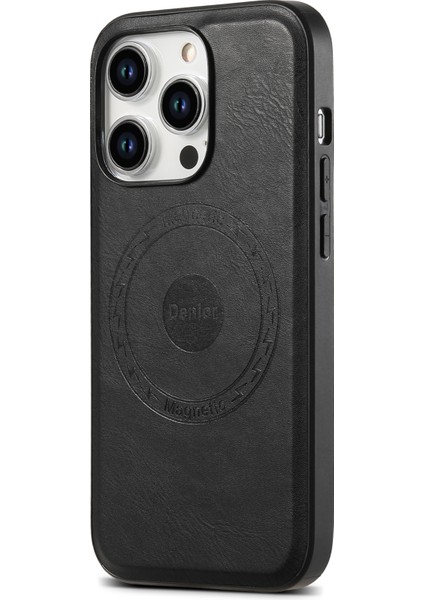 Iphone 15 Pro Max Magnetic Pu Deri Kaplamalı Tpu+Pc Black Telefon Kılıfı (Yurt Dışından)