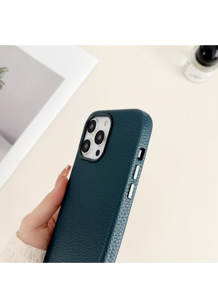 Iphone 15 Pro Için Litchi Doku Pu Deri Kaplamalı Tpu Telefon Yeşili Telefon Kılıfı (Yurt Dışından)
