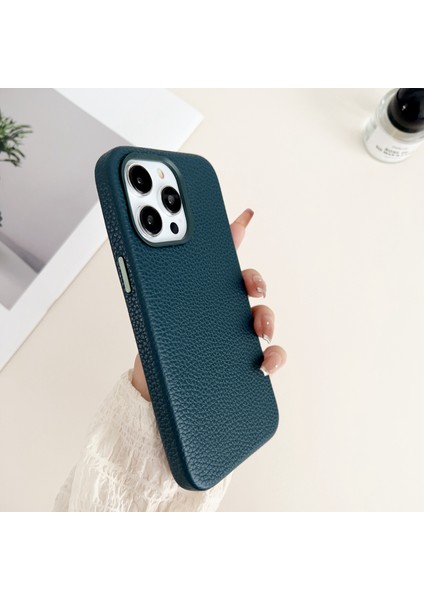 Iphone 15 Pro Için Litchi Doku Pu Deri Kaplamalı Tpu Telefon Yeşili Telefon Kılıfı (Yurt Dışından)