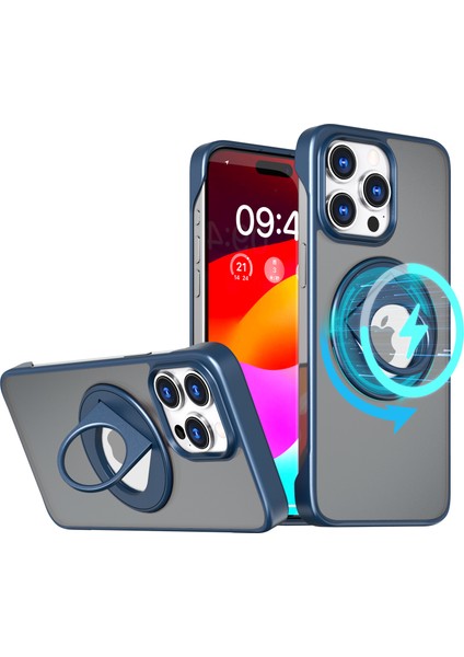 Iphone 15 Pro Max Case Için Borderless Tasarım Yüzüğü Kickstand Navy Mavi ile Uyumlu Telefon Kılıfı (Yurt Dışından)