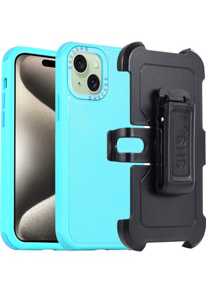 Iphone 15 Plus Kemer Klipsi Için Çift Katman Tpu+Pc Kickstand Şok Geçirmez Cep Telefonu Mavisi+Sky Mavi Telefon Kılıfı (Yurt Dışından)