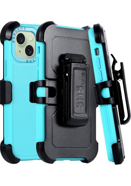 Iphone 15 Plus Kemer Klipsi Için Çift Katman Tpu+Pc Kickstand Şok Geçirmez Cep Telefonu Mavisi+Sky Mavi Telefon Kılıfı (Yurt Dışından)