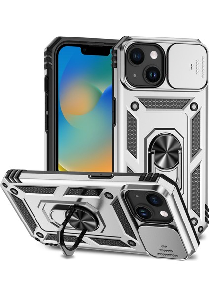 Iphone 15 Vaka Slayt Kamera Koruyucu Metal Yüzük Kickstand Pc+Tpu Telefon Silver Telefon Kılıfı (Yurt Dışından)