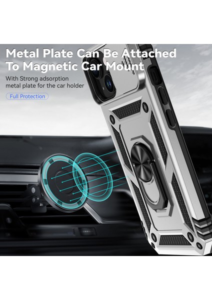 Iphone 15 Vaka Slayt Kamera Koruyucu Metal Yüzük Kickstand Pc+Tpu Telefon Silver Telefon Kılıfı (Yurt Dışından) modelleri