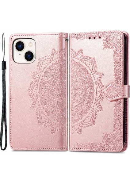 Iphone 15 Plus Pu Pu Deri Telefon Standı Kabartmalı Mandala Desen Vaka Golü Altın Telefon Kılıfı (Yurt Dışından)