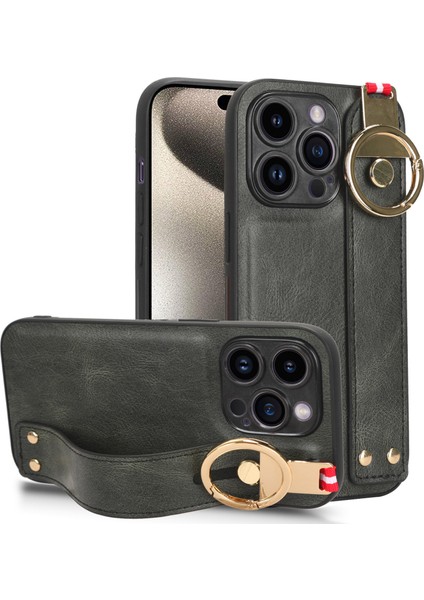 Iphone 15 Pro Wristband Kickstand Telefon Kasası Pu Deri+Pc+Tpu Koruyucu Şişe Açıcı Yeşil ile Telefon Kılıfı (Yurt Dışından)