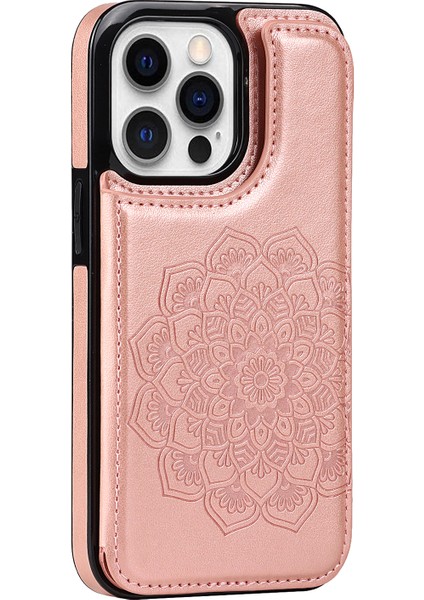 Iphone 15 Pro Cep Telefonu Için Baskılı Mandala Çiçek Pu Deri+Tpu Anti Düşme Rose Gold Telefon Kılıfı (Yurt Dışından)