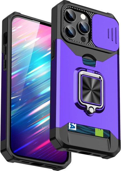 Iphone 15 Pro Case Anti Cratch Pc+Tpu Kickstand Telefon Geri Kapağı Slayt Lens Koruyucu Mor Telefon Kılıfı (Yurt Dışından)