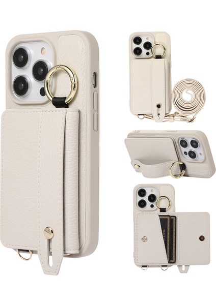 Iphone 15 Pro Case Deri+Tpu Kickstand Omuz Kayışı Beyaz Telefon Kılıfı (Yurt Dışından)