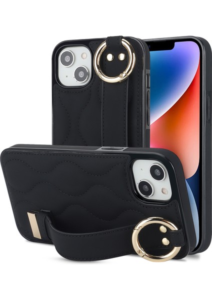 iPhone 14 Plus Için Cep Telefonu Vaka Dalgası Deseni Şok Geçirmez Pu+Tpu Bilekliği Siyah Telefon Kılıfı (Yurt Dışından)