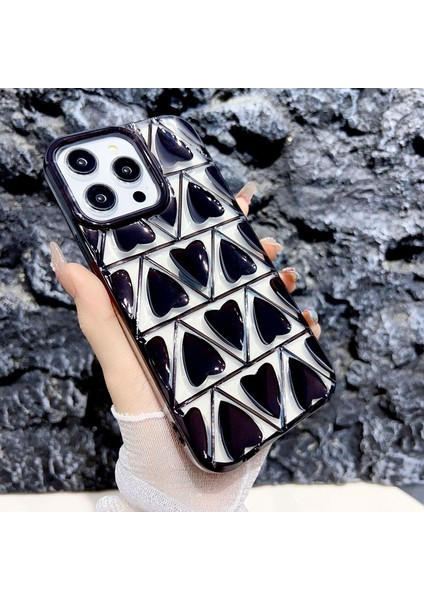 Iphone 15 Pro Tpu Için Telefon Kasası Elektrokaplatma 3D Aşk Kalp Şekli Black Telefon Kılıfı (Yurt Dışından)
