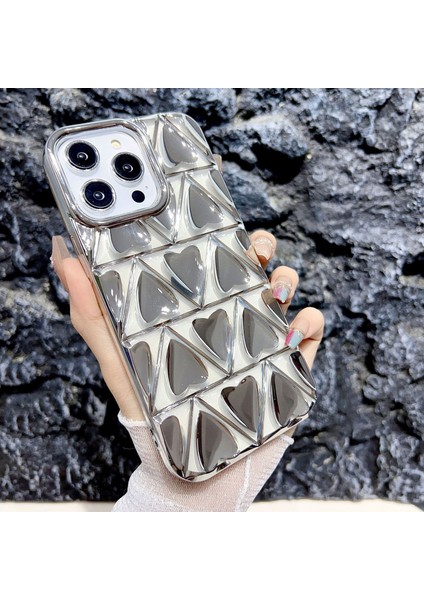 Iphone 15 Pro Tpu Için Telefon Kasası Elektrokaplatma 3D Aşk Kalp Şekli Silver Telefon Kılıfı (Yurt Dışından)