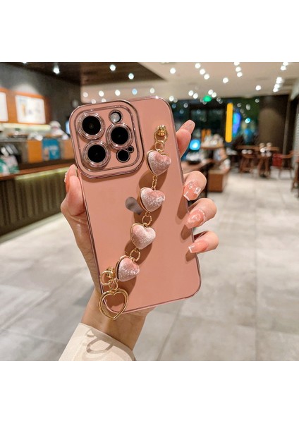 Iphone 15 Pro Max Case Electroclating Telefon Tpu Peluş Kalp Zinciri Kayış Pembe Telefon Kılıfı (Yurt Dışından)