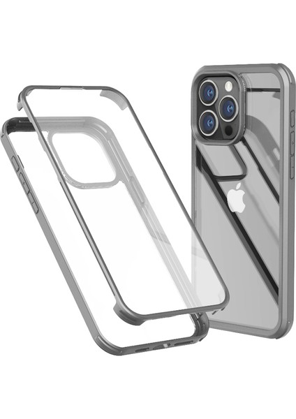 Iphone 15 Pro Koruyucu Ince Çift Sandılı Temperli Cam+Silikon Çerçeve Telefon Işık Gri Telefon Kılıfı (Yurt Dışından)