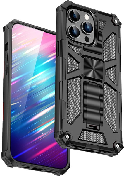 Iphone 15 Pro Için Yumuşak Tpu+Sert Pc Araba Montajı Metal Sac Black ile Gizli Kickstand Telefon Kılıfı (Yurt Dışından)