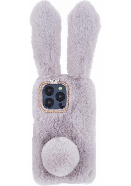Iphone 15 Pro Fluffy 3D Bunny Kulakları Kış Kış Sıcak Yumuşak Tpu Telefon Vaka Işığı Gri Telefon Kılıfı (Yurt Dışından)