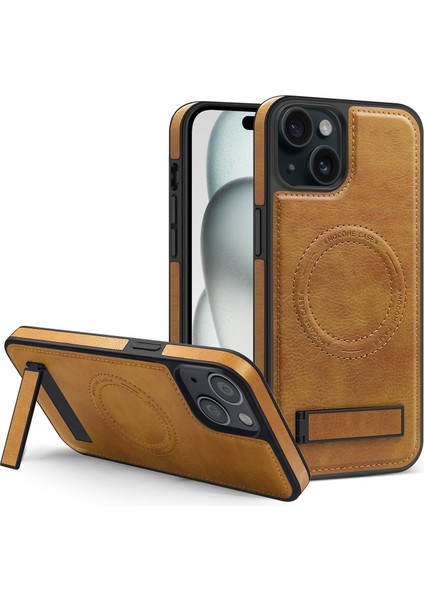 Iphone 15 Plus Pl Case Pu Deri Kaplamalı Tpu+Pc Kickstand Brown ile Uyumlu Telefon Kılıfı (Yurt Dışından)