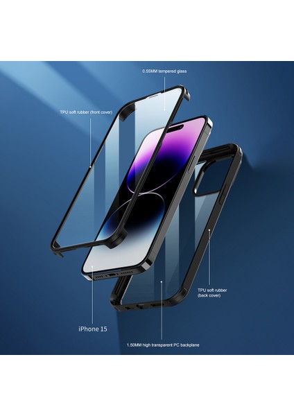 Iphone 15 Pro Koruyucu Ince Çift Sandılı Temperli Cam+Silikon Çerçeve Black Telefon Kılıfı (Yurt Dışından) modelleri