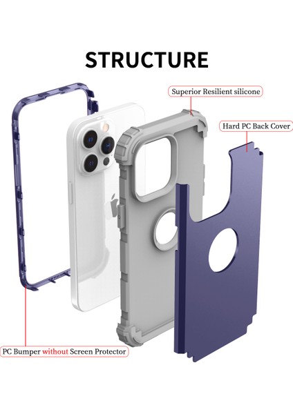 Iphone 15 Pro Max 3'ü 1 Arada Pc+Silikon Telefon Anti Drop Cep Telefonu Navy Mavi Telefon Kılıfı (Yurt Dışından)