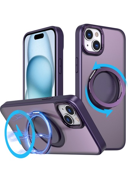 Iphone 15 Plus Manyetik Halkası Kickstand Pc+Tpu Mor Telefon Kılıfı (Yurt Dışından)