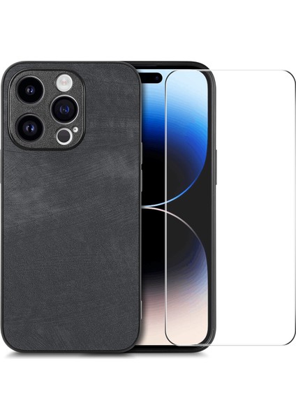 Iphone 15 Pro Max Back Cover Pu Deri+Pc Yüksek Alüminyum Silicon Cam Film Black ile Vintage Telefon Kılıfı (Yurt Dışından)