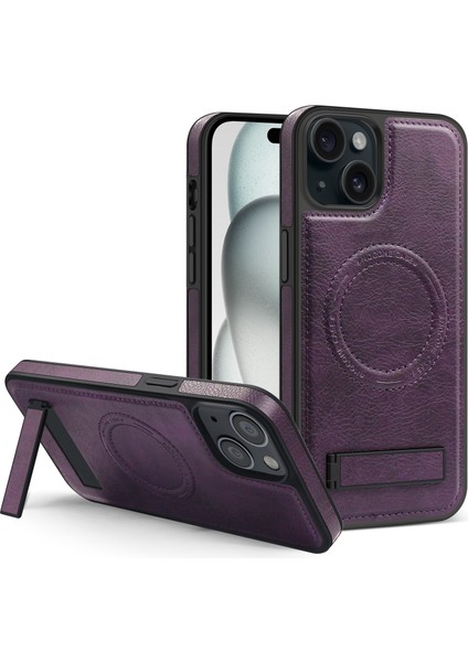 Iphone 15 Plus Pl Case Pu Deri Kaplamalı Tpu+Pc Kickstand Dark Mor ile Uyumlu Telefon Kılıfı (Yurt Dışından)