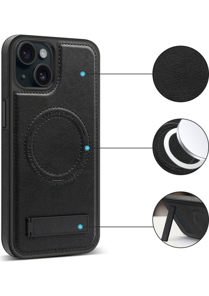 Iphone 15 Plus Pl Case Pu Deri Kaplamalı Tpu+Pc Kickstand Dark Mor ile Uyumlu Telefon Kılıfı (Yurt Dışından)