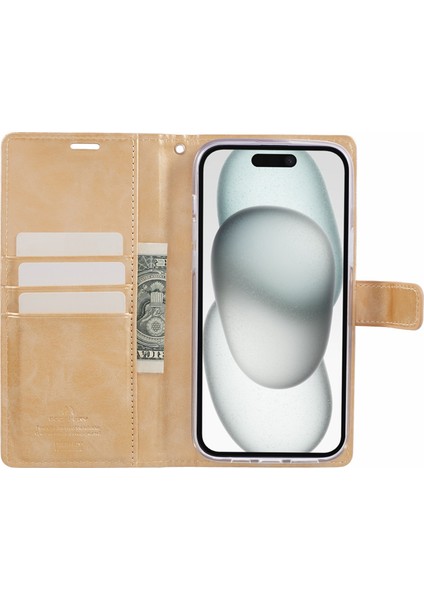 Iphone 15 Plus Için Moon Plus Pu Pu Deri Flip Shell Gold Telefon Kılıfı (Yurt Dışından)