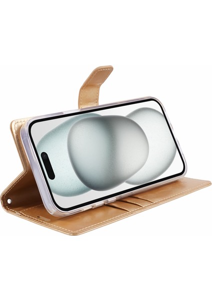 Iphone 15 Plus Için Moon Plus Pu Pu Deri Flip Shell Gold Telefon Kılıfı (Yurt Dışından)