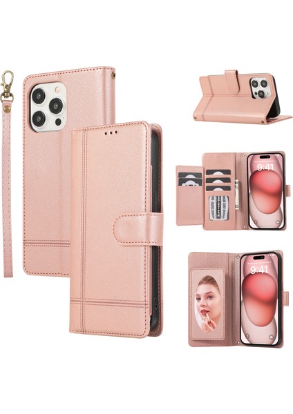 Iphone 15 Pro Cep Telefonu Hatları Için Ayna Rose Gold ile Baskılı Pu Deri Telefon Kılıfı (Yurt Dışından)