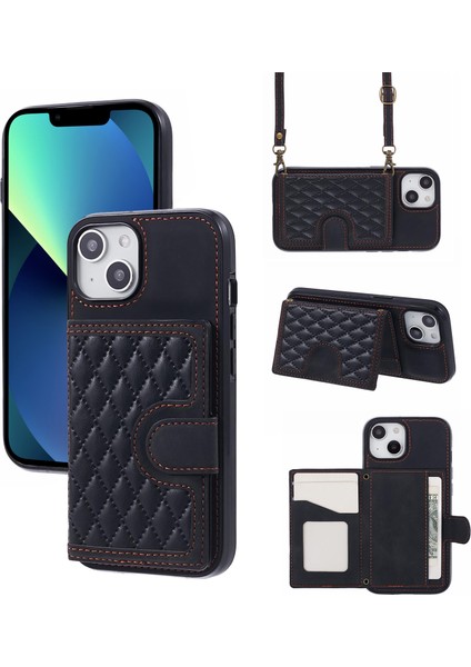 Iphone 13 Mini 5.4 Inç Cep Telefonu Izgara Baskılı Pu Deri Kaplamalı Tpu Kickstand Cover Black Telefon Kılıfı (Yurt Dışından)